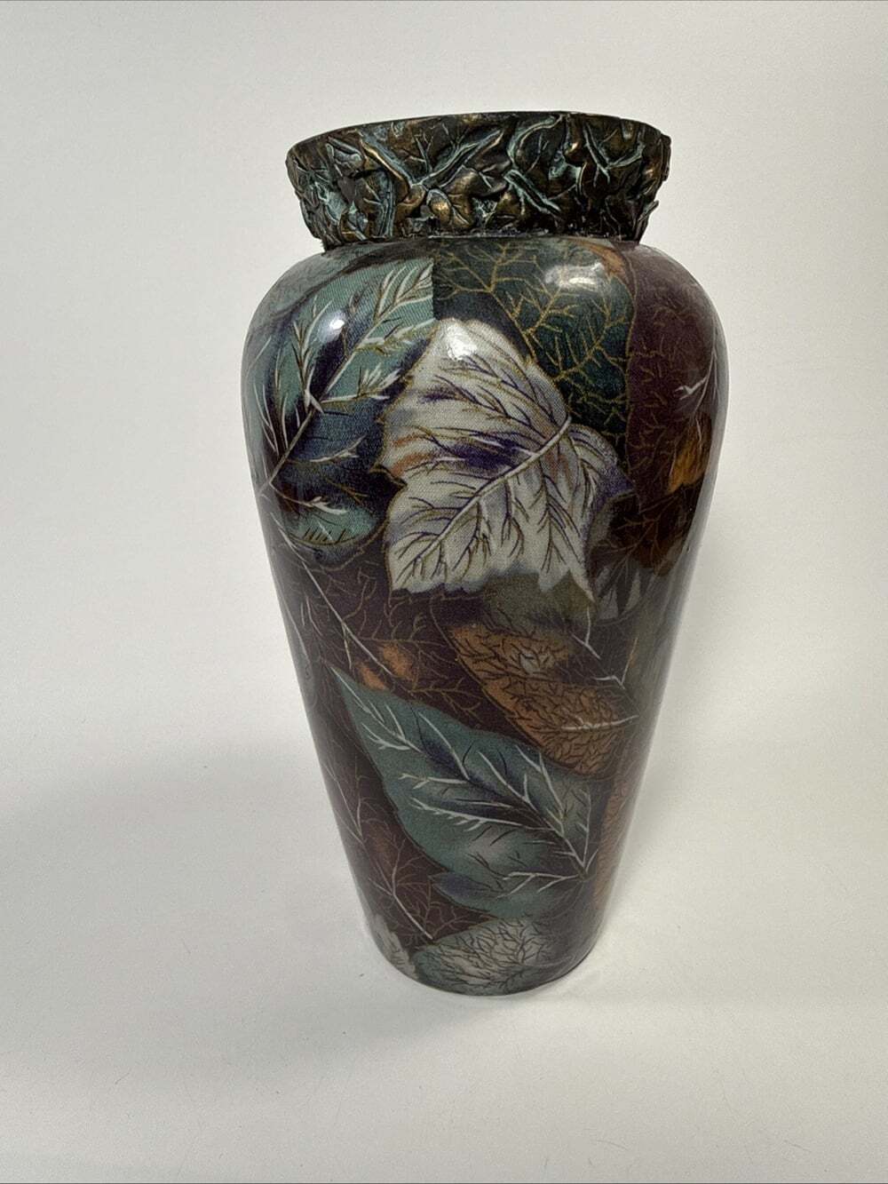 Vintage 1995 Nesco Leaf Pattern Decoupage Resin Vase Teal Gold Burgundy